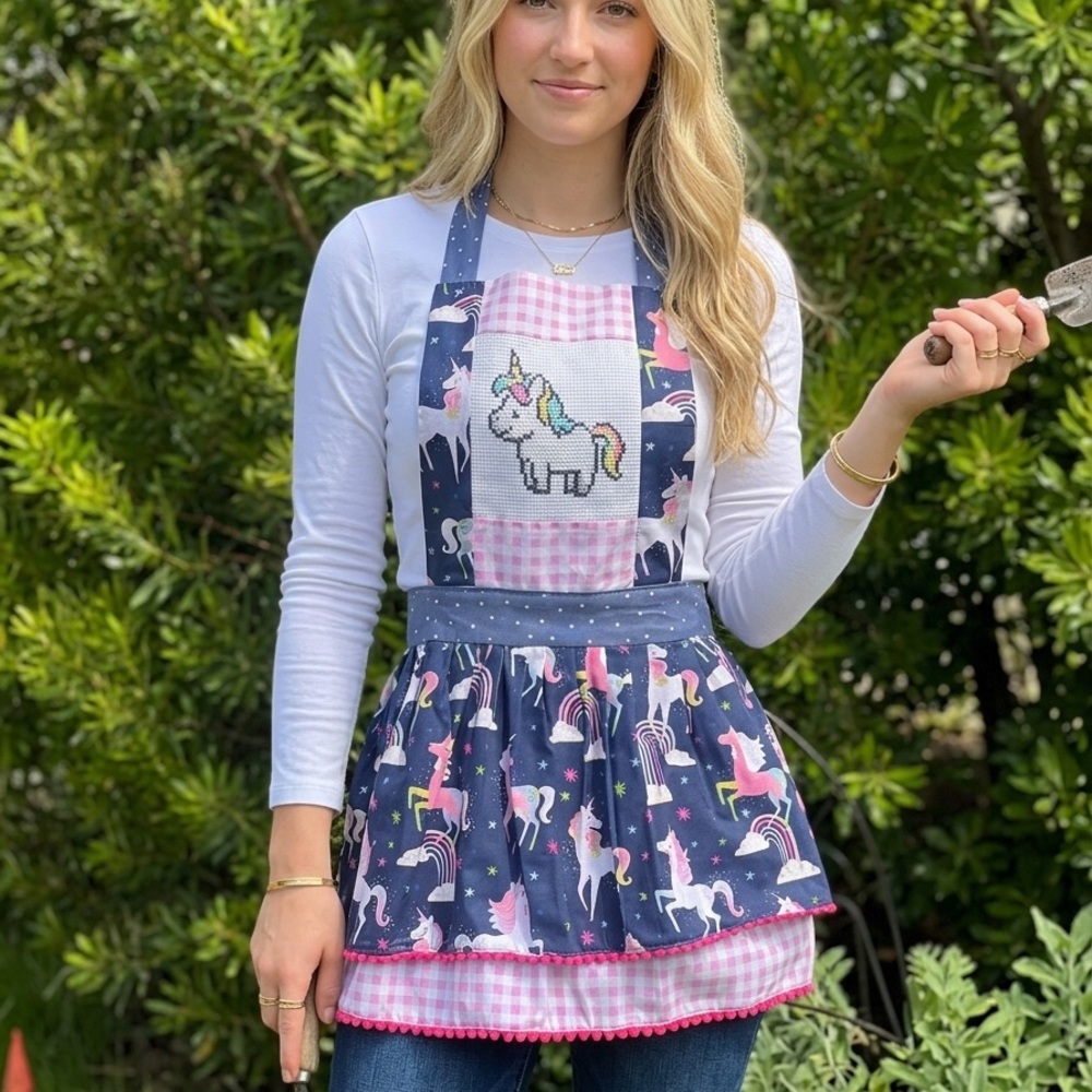 Navy & Pink Unicorn Party Apron with Cross-Stitch Panel